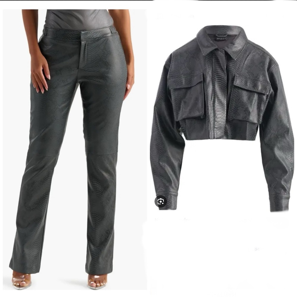 Naked Wardrobe Snakeskin Embossed Faux Leather Crop Cargo Jacket + High Trouser